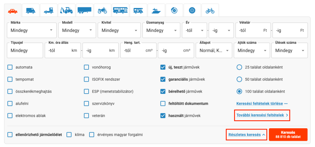 Képernyőkép a Használtautó.hu részletes keresőjéről, amivel többféle paraméter alapján szűrhetünk a több tízezer hirdetés között.