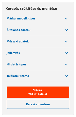 Képernyőkép egy Használtautó.hu keresés találati oldaláról. A legalsó "Keresés mentése" gombbal később is könnyen szűrhetünk ugyanezekre a feltételekre.