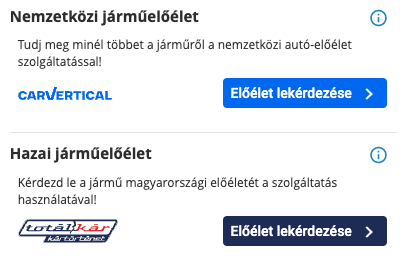 Képernyőkép egy hirdetés oldaláról, ami a járműelőélet-lekérdezéséhez szükséges gombokat ábrázolja.