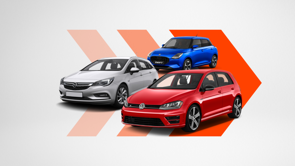 Az ábra három különböző színű és típusú autót ábrázol egy letisztult, világosszürke háttéren, amelyen narancssárga stilizált nyilak mutatnak előre. Az autók a következők: Piros Volkswagen Golf az előtérben, ezüst Opel Astra kombi a bal oldalon, kék Suzuki Swift a háttérben. Ezek az autók nagy számban szerepelnek a Használtautó.hu 100 000+ hirdetés között is.
A dizájn dinamikus, a háttér nyilai a mozgást és haladást szimbolizálják.