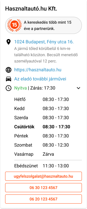 Kapcsolatfelvételi doboz az új hirdetési adatlapon. Kereskedők esetében a telephely címe és nyitvatartási ideje is megjelenik.
