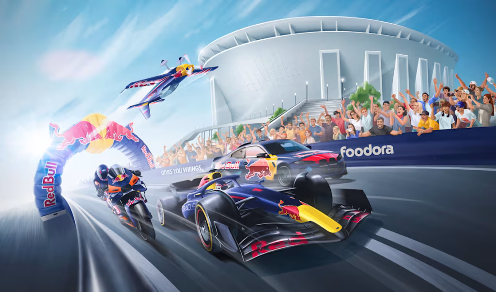 A Red Bull Showrun Budapest eseményét promotáló grafika Forma–1-es autóval, motorral, repülővel és közönséggel, mindez a RedBull ikonikus színeiben. Forrása: redbull.com