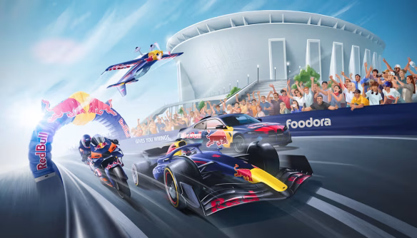 A Red Bull Showrun Budapest eseményét promotáló grafika Forma–1-es autóval, motorral, repülővel és közönséggel, mindez a RedBull ikonikus színeiben. Forrása: redbull.com