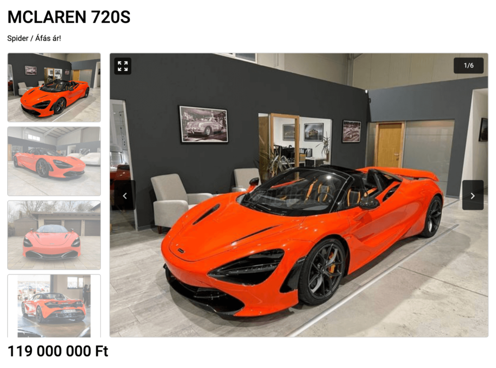 Képernyőkép a Használtautó.hu-n található narancssárga McLaren 720S hirdetéséről.