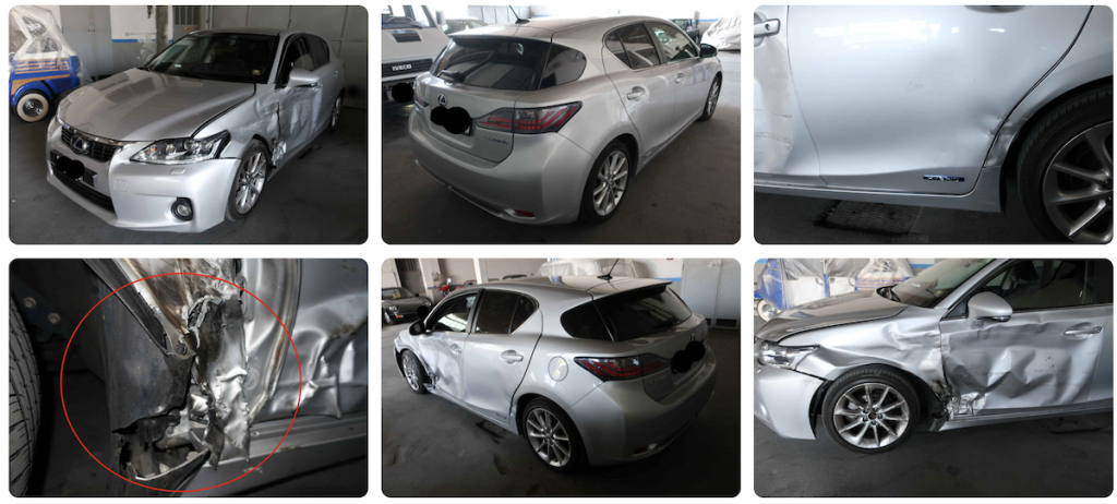 Törött ezüstszínű Lexus több szögből fotózva.