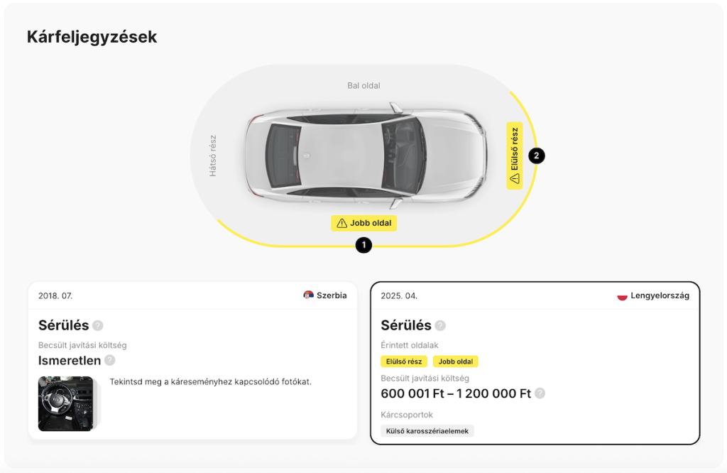 Kárfeljegyzések egy carVertical jármű előélet jelentésben.