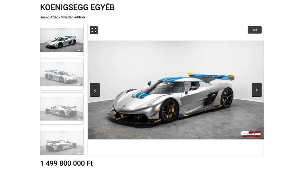 Képernyőkép a Használtautó.hu Koenigsegg Jesko hirdetéséről.