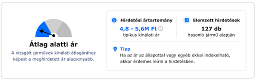 Hirdetési árértékelés képernyőképe, ahol a megadott vételi ár az átlagnál alacsonyabb.